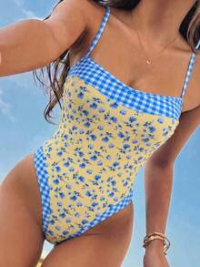Swim Mod French Soft Yellow & Blue Textured Floral Check Print Beach Vacation Bikini Set - Multicolor - View 1
