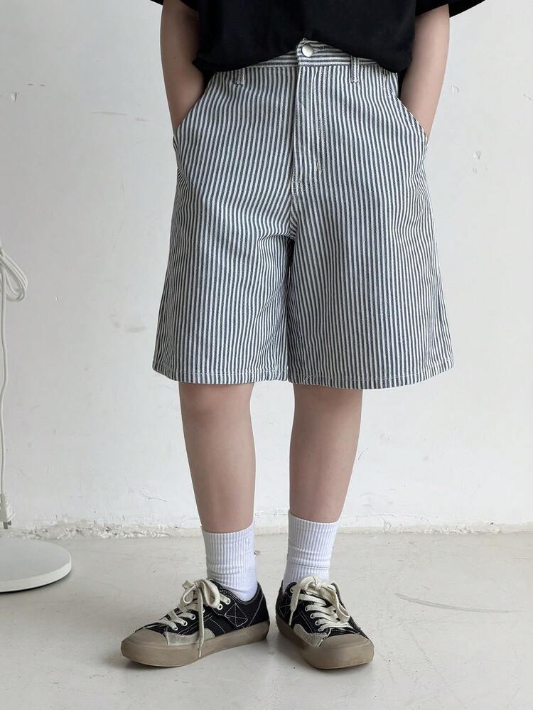 Striped Casual Slim Fit Straight A-Line Knee-Length Shorts For Big Boys, Summer