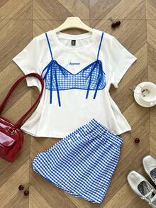 Sunspun Bộ 2 món gồm áo thun cổ tròn cỡ lớn in hình bướm và quần short kẻ caro cạp chun. - Nhiều màu - Xem 1