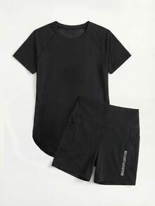 Cheerettes Bộ đồ nữ màu trơn cổ tròn tay ngắn và quần short, kiểu dáng thường ngày năng động, thích hợp cho hoạt động ngoài trời. - màu đen - Xem 7