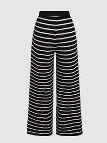 Quần ống rộng kẻ sọc jacquard họa tiết đen trắng tương phản dành cho bé gái tuổi teen, kiểu dáng thường ngày, thoải mái, phối hợp cạp quần. - màu đen - Xem 2