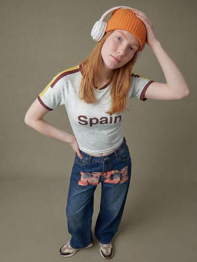 Elnivra 2026 Football World Cup Spain Soccer Jersey Style Women's Cropped T-Shirt, Retro Print Football Fan Top, Team Spanish Supporter Outfit,In USA–Canada–Mexico