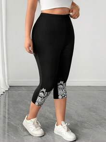 SHEIN Tall CURVE 高挑 CURVE-D 加大码女式印花弹力腰休闲七分紧身裤 - 黑色 - 查看 3