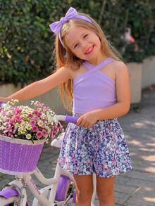 SHEIN Bộ 2 món cho bé gái: Áo dệt kim không tay màu trơn và quần short họa tiết da báo. - màu đen - Xem 1