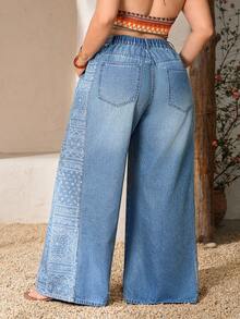 Breezaya Denim Lavados Retalhos Plus Size Feminino Primavera/Verão Férias - Lavagem Média - Visão 2
