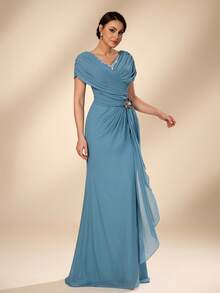 Serin Đầm chiffon xếp ly dáng đuôi cá sang trọng, đính ngọc trai, cổ chữ V, thích hợp cho đám cưới, tiệc tùng, kỳ nghỉ, dạ hội, cô dâu và mẹ cô dâu. - màu xanh lá - Xem 5