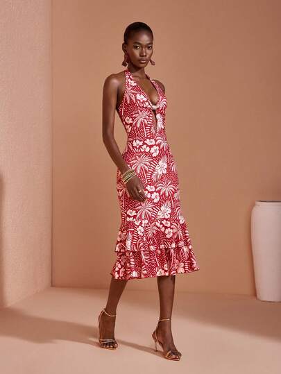 JIAN LASALA All-Over Print Halter Neck Tie V Neck Metal Backless Women Casual Dress Double Layers