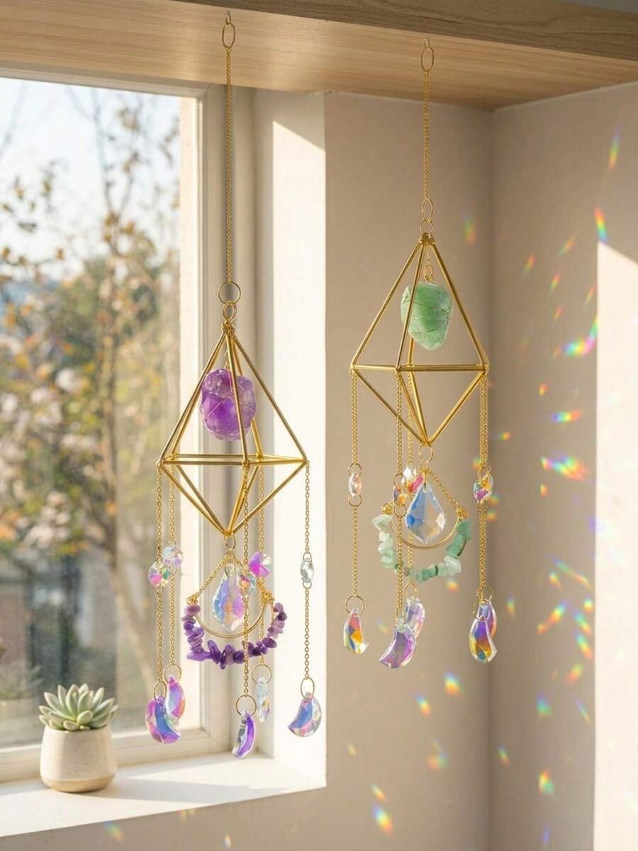 Cirelle 1pc Crystal Suncatcher With Raw Stones, Amethyst & Fluorite Hanging Prism, Geometric Gold Metal Rainbow Maker For Window, Garden & Home Decor - various - View 1