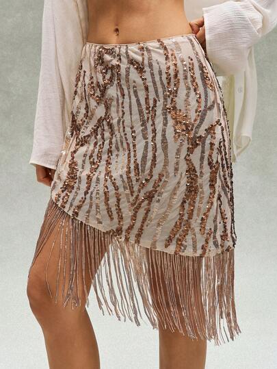 Bohemela Chân váy ngắn nữ thiết kế đính sequin tua rua, thích hợp cho những buổi hẹn hò thường ngày, đa năng.