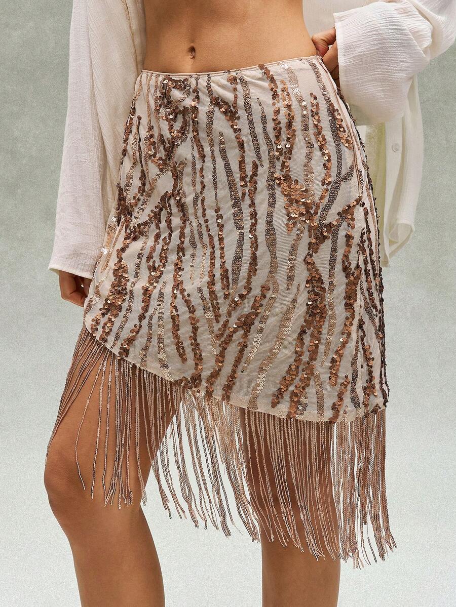 SHEIN BohoFeels Women's Sequin Tassel Design Casual Versatile Date Night Mini Skirt - Khaki - View 1