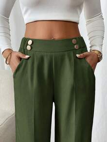 SHEIN Frenchy 女士优雅直筒裤，双扣设计，适合通勤 - 軍綠色 - 查看 5