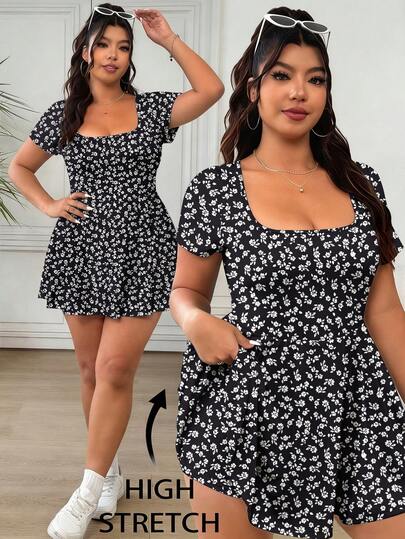 Solflare Casual Minimalist Romantic Floral Print Plus Size Women Short Sleeve Jumpsuit, Suitable For Summer