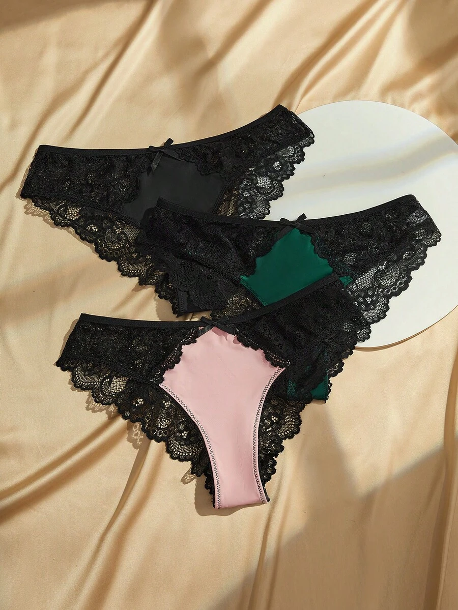 Charlaine 3pcs/Pack Low-Waist Contrast Color Sexy Lace Patchwork Panties - Multicolor - View 1