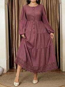 Veilorie Vestido de talla grande de unicolor elegante con aplicaciones de encaje - Rosa vieja - Ver 3
