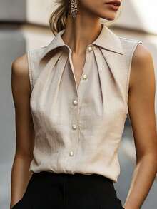 SHEIN Áo sơ mi không tay có cổ, thiết kế xếp ly tôn dáng vai và cổ, điểm nhấn là cúc ngọc trai, thanh lịch và đa năng, phù hợp cho công sở hoặc mặc hàng ngày. - Màu be - Xem 1