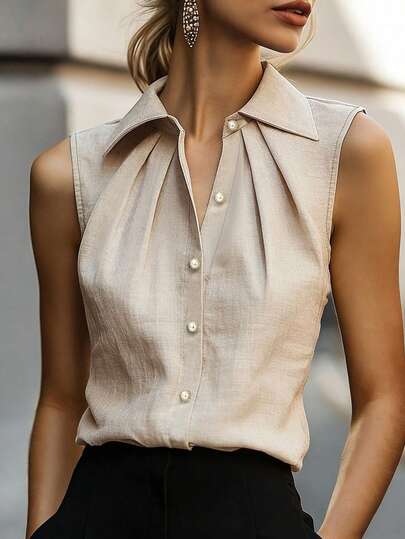 SHEIN Camisa sem mangas com gola, design plissado que valoriza os ombros e o pescoço, detalhes com botões de pérola, elegante e versátil para o trabalho ou para o dia a dia.