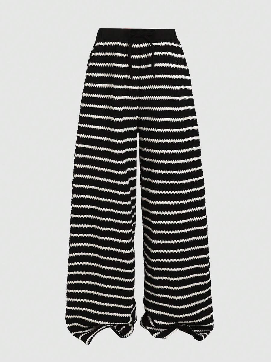 Quần ống rộng kẻ sọc jacquard họa tiết đen trắng tương phản dành cho bé gái tuổi teen, kiểu dáng thường ngày, thoải mái, phối hợp cạp quần. - màu đen - Xem 1