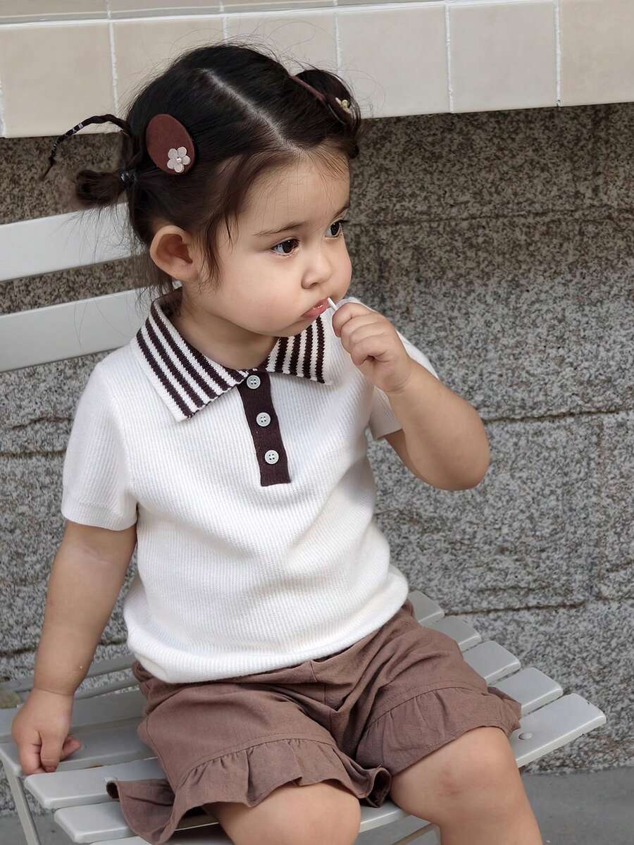 DAZY Toddler Girls' Korean Style Collared Short Sleeve Top - Beige - View 1