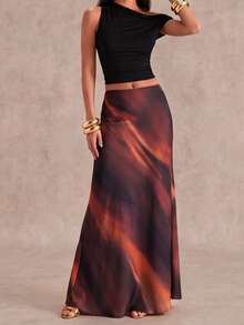 SHEIN Glamour Chân váy chữ A thanh lịch, đa năng, chất liệu satin in họa tiết, trang phục mùa hè, váy ôm sát thời trang. - màu nâu - Xem 4
