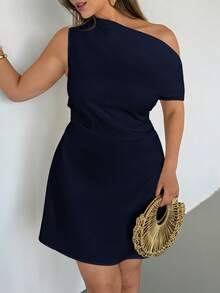 Auralis Plus Size Women's Elegant Minimalist Solid Color Asymmetric Collar Cinching Waist Dress, Summer - Navy Blue - View 2