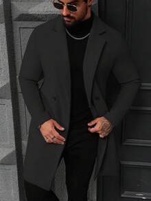 Manfinity Homme Men's Solid Color Pocket & Button Front Long Sleeve Overcoat, Autumn Fall Going Out Overcoat, For Friends, Husband, Boyfriend Gifts Men Coat Men Double Breasted Suit Casual Suits For Outerwear, For Winter - Black - View 6