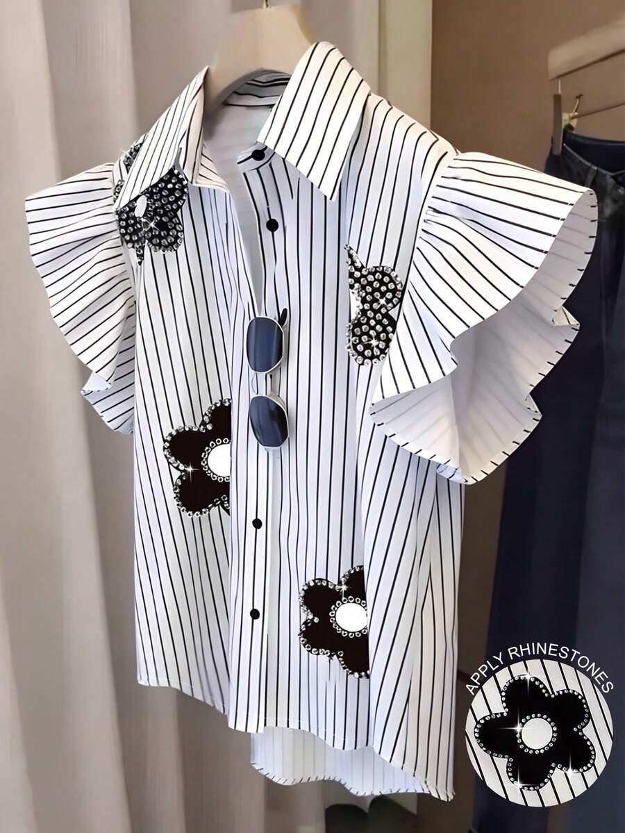 Franclia 条纹花卉图案短袖荷叶边大码衬衫 - 白色 - 查看 1