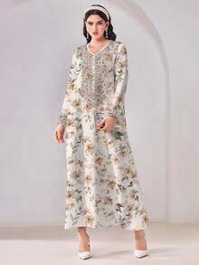Al Najma Casual Elegant Modest Floral Print Arabic Style Dress - Multicolor - View 3