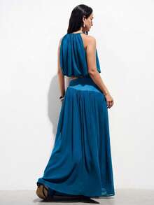 Aveloria Modichic Elegante conjunto de dos piezas de alta gama, con top sin mangas de gasa con diseño plisado y cuello halter, y falda larga asimétrica con empalme de materiales, adecuado para fiestas - Azul - Ver 3