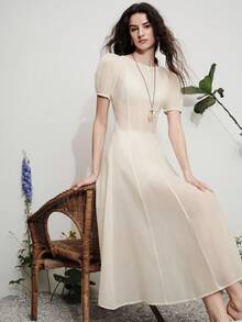 Aveloria Modichic Elegant Sexy Luxury Resort Chiffon-Like Material Petal Sleeve Pleated Waist Women Long Dress - Apricot - View 1