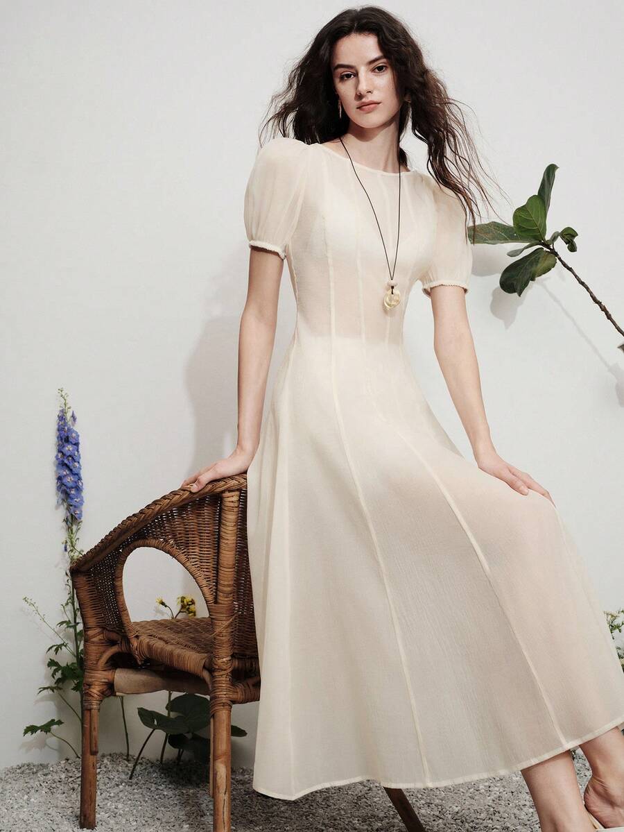 Aveloria Modichic Elegant Sexy Luxury Resort Chiffon-Like Material Petal Sleeve Pleated Waist Women Long Dress - Apricot - View 1