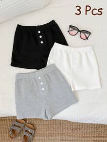 SHEIN Unisex Baby/Toddler Waffle Knit Casual Cute Shorts Set, Multi-Pack, Baby Boy Pants, Shorts, Spring/Summer - Black and White - View 3