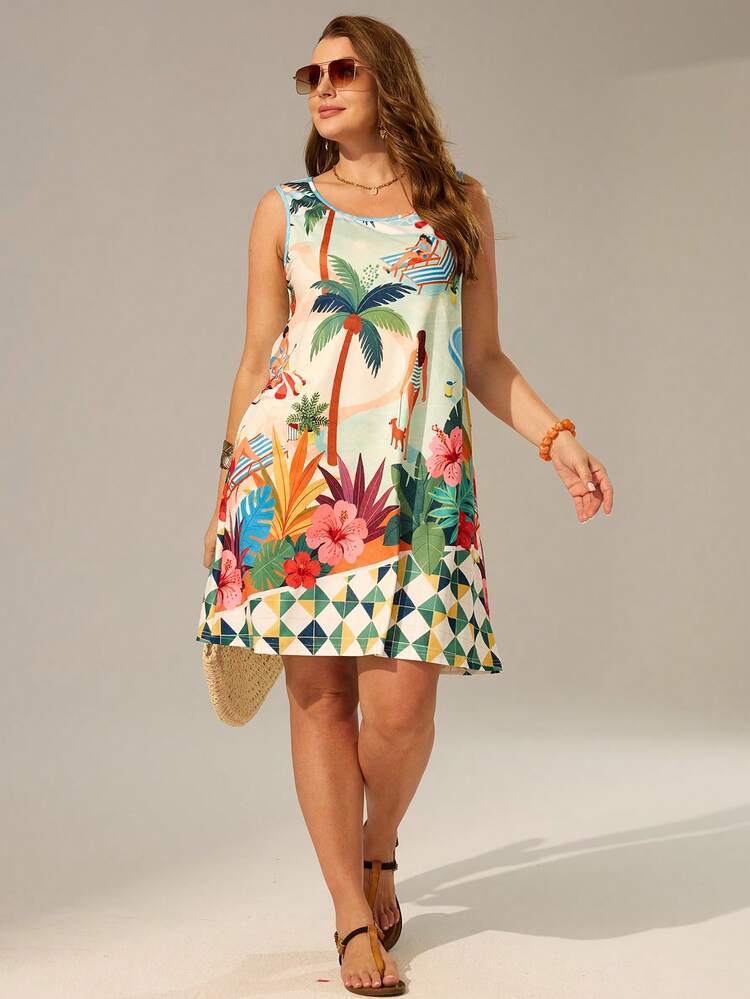 Plus Size Women Palm Tree Print Round Neck Sleeveless Casual Dress