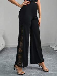 SHEIN Tall CURVE 大尺碼黑色秋季優雅蕾絲喇叭褲，女款優雅夏季派對、婚禮、畢業、度假、Y2K日常穿搭 - 黑色 - 查看 6