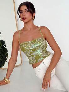 Firerie Women's Sage Green Floral Summer 70s Night Out Party Club Beaded Top, Lace Backless Camisole Top, Elegant Sexy Music Festival Bohemian Sequin Vest - Green - View 5
