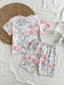 SHEIN Vintaside Kids Abygirl 女婴夏季圆领短袖印花简约时尚T恤搭配百搭休闲短裤套装，适合外出、日常休闲、海滩玩耍或公园散步。 - 彩色 - 查看 3