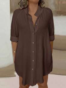 EMERY ROSE Plus Solid Button Front Blouse Women Shirt Fall - Brown - View 1