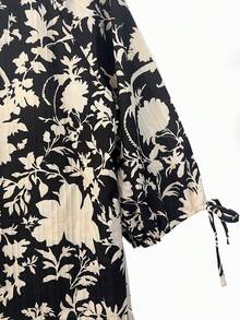 Linhara Plus Size Women Casual Orchid Print Short Sleeve Bow Tie Blouse - Multicolor - View 4