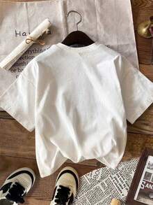 DrmWander Plus Size Women Round Neck Letter & Papaya Print Casual Versatile Daily Wear Short Sleeve T-Shirt - White - View 2