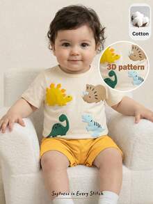 Cozy Pixies 2pcs Set Baju Bayi Laki-laki Motif Dinosaurus Kartun Rajut Lembut Leher Bulat Lengan Pendek dan Celana Pinggang Elastis - MultiWarna - View 2