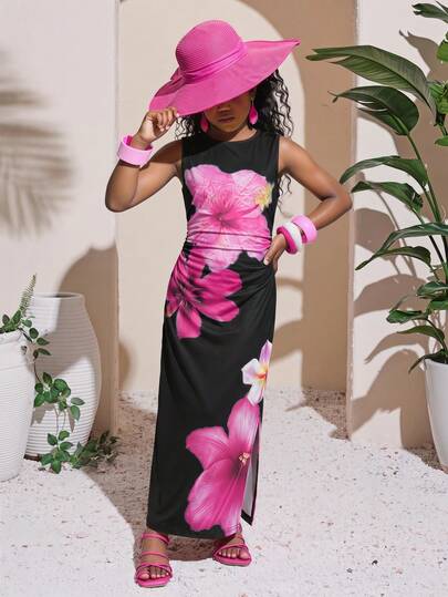 SHEIN Tween Girls' Waist Ruched Black Base Pink Tropical Floral Print Knit Snug Fit Midi Dress, Casual Versatile Suitable For Parties, Ceremonies, Beach Vacations, Travel