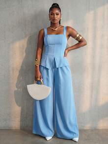 BamGleam Conjunto de 2 piezas de top de tirantes y pantalones de unicolor casual de verano para mujer - Azul - Ver 4