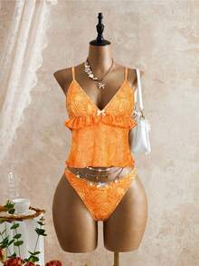 Swim Mod Set de 2 piezas de bikini con parte superior de tirantes finos con volantes y lazo, y braga, con estampado floral aleatorio, talla estándar para mujeres - Multicolor - Ver 5