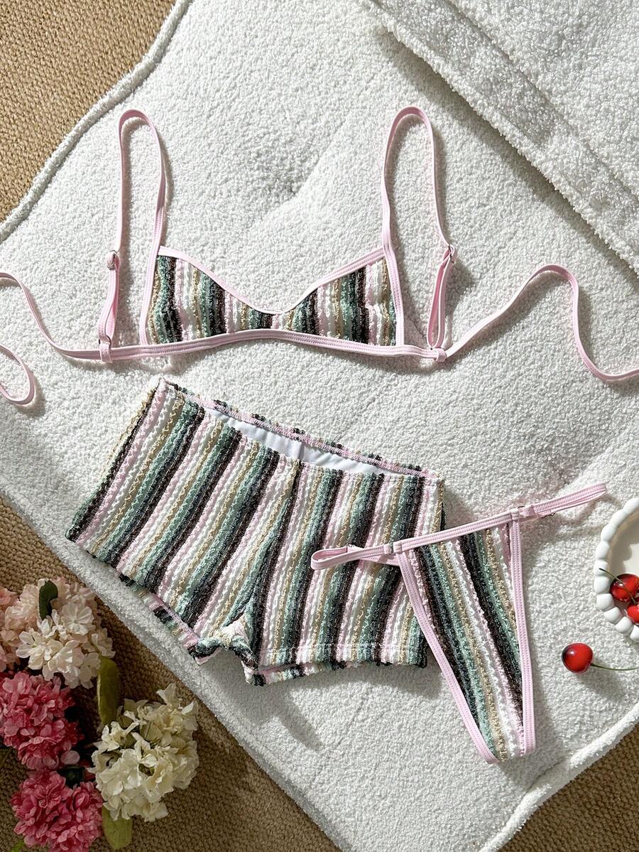 SHEIN Swim Vcay 3pcs Sexy Special Fabric Micro Bikini Top, Adjustable Side Tie Bottoms & Shorts Set - Multicolor - View 1