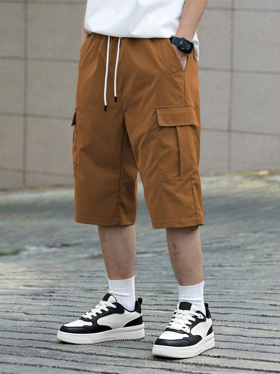 Manfinity Hypemode Men's Drawstring Waist Solid Color Cargo Pocket Shorts - Camel - View 1