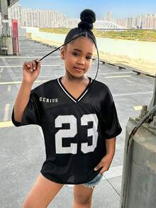 SHEIN Atasan Lengan Pendek Leher V Kasual Sporty untuk Anak Perempuan Remaja - Hitam - View 3