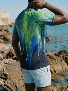 Palasendo Men's Splash Ink Print Rash Guard Swimwear Rashguard Men Surf Graphic Tees For Men Beach Top - Green - View 6