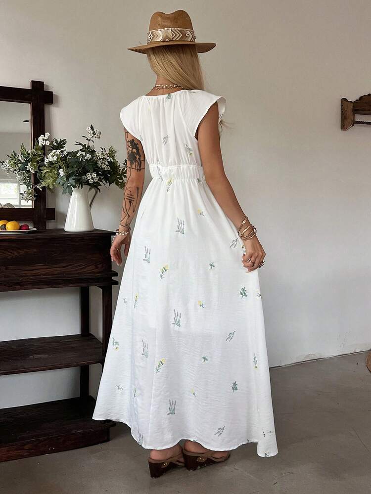Women's Floral Embroidery Deep V-Neck Waist Cinched Long Dress, Beach/Resort Style For Spring & Summer