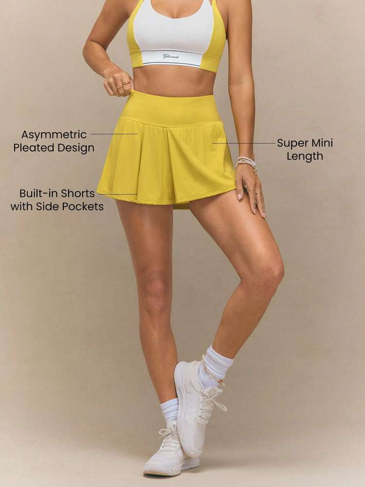 FeatherFit™-Air Playdate Quick-Dry Sweat-Wicking UPF50+ Asymmetric Pleated Super Mini Tennis Skirt With Built-In Shorts Side Pockets Summer Golf Tennis Casual Wear