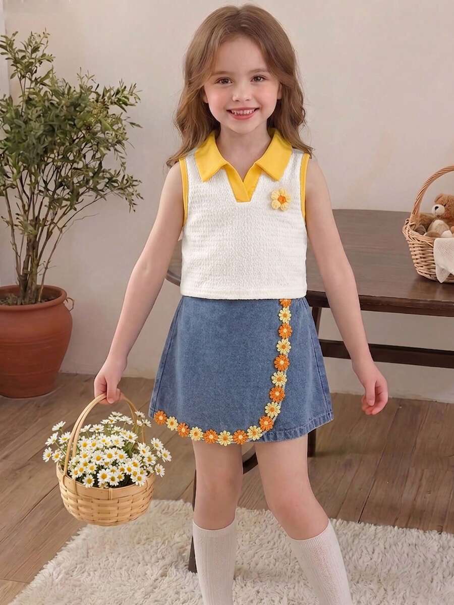 Elladie kids 两件套女童夏季新款白色纹理针织领背心上衣和牛仔短裙,复古可爱碎花装饰夏季套装 - 黃色 - 查看 1