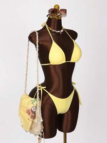 Swim Vcay 3pcs Fashionable Bikini Set With Cover-Up, Sexy Beach Vacation Outfit, Spring/Summer White - Yellow - View 8